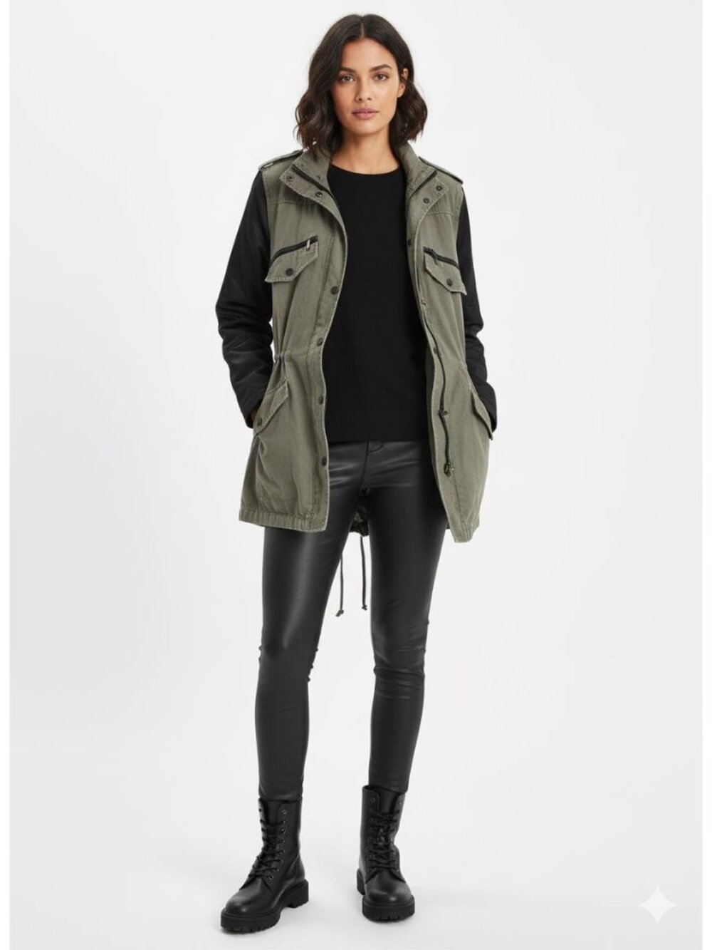 Witchery Mixed Media Utility Parka - Khaki & Faux Leather Look - AU 10